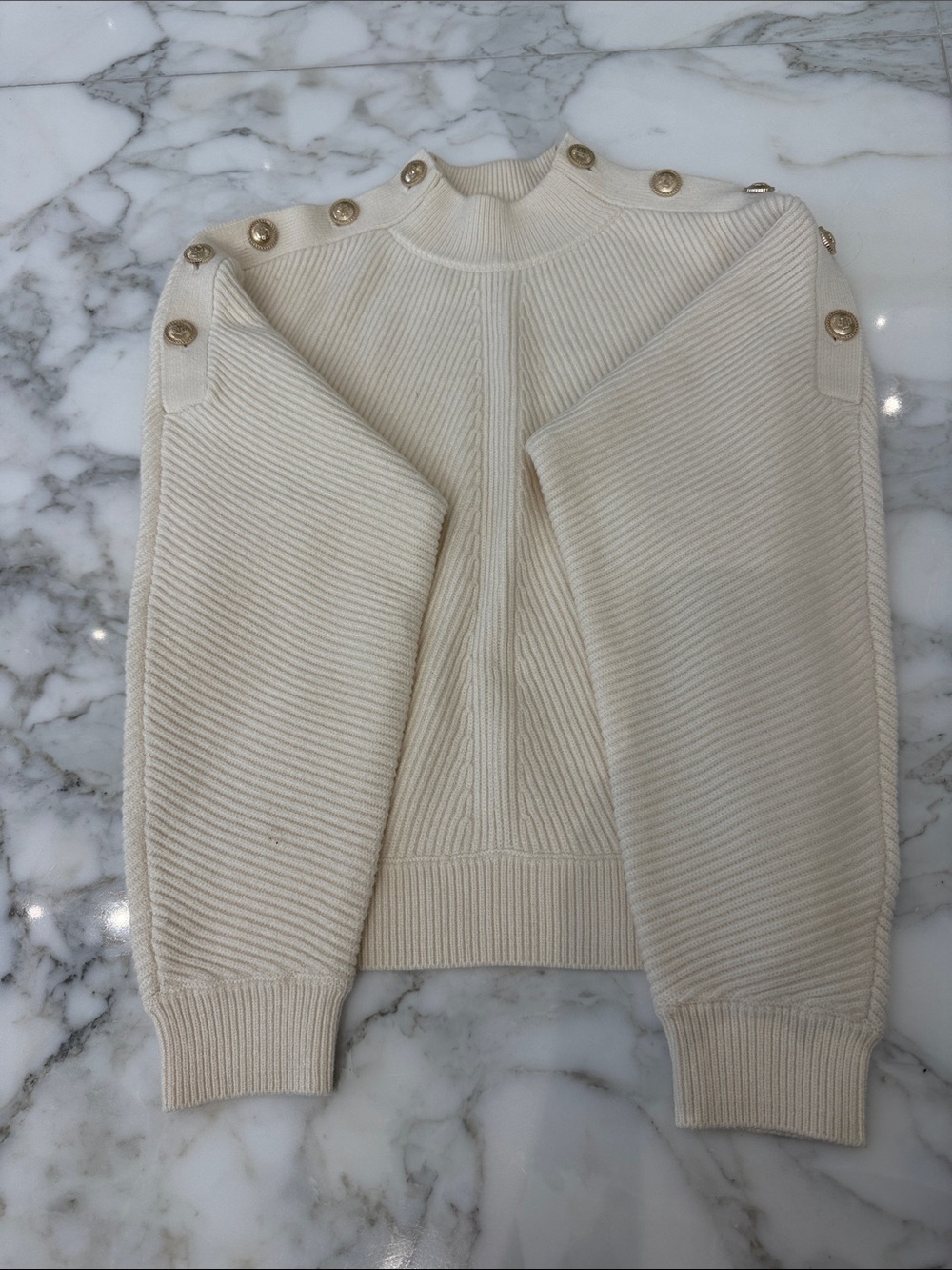 Maje Cream Button-Shoulder Ribbed Turtleneck Sweater
